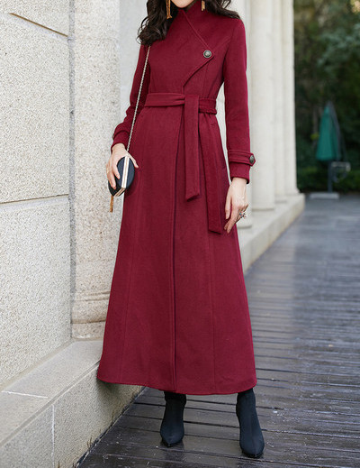 Κομψό γυναικείο μακρύ παλτό με ζώνη και κολάρο σε διάφορα χρώματα