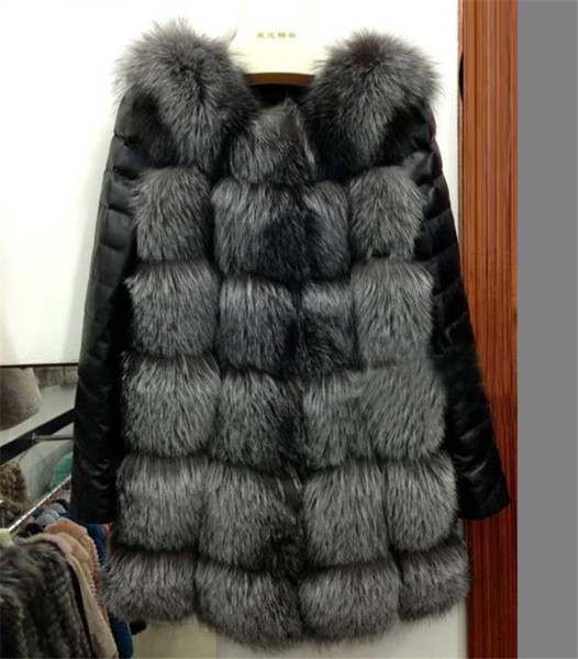 Дамски дълго пухено палто с ръкави от еко кожа