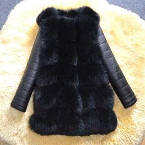 Дамски дълго пухено палто с ръкави от еко кожа