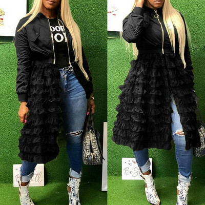 Női tavaszi kabát fürtökkel és cipzárral