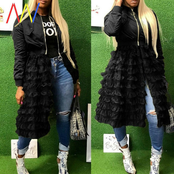 Női tavaszi kabát fürtökkel és cipzárral