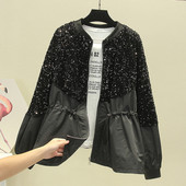 Moderni moteriška rudeninė striukė su blizgučiais ir kaklaraiščiais