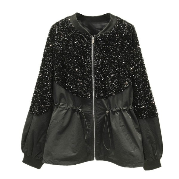 Moderni moteriška rudeninė striukė su blizgučiais ir kaklaraiščiais