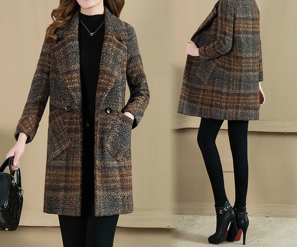 Moteriškas žieminis paltas su špicine iškirpte ir kišenėmis