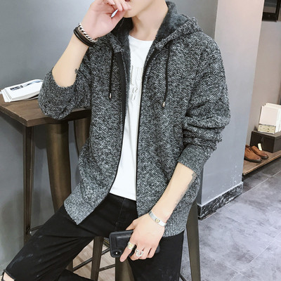 Férfi gyapjú kardigán cipzárral és kapucnival