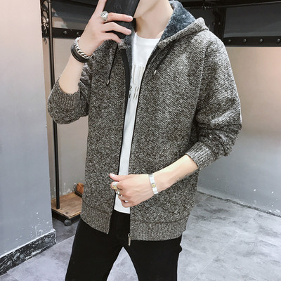 Férfi gyapjú kardigán cipzárral és kapucnival