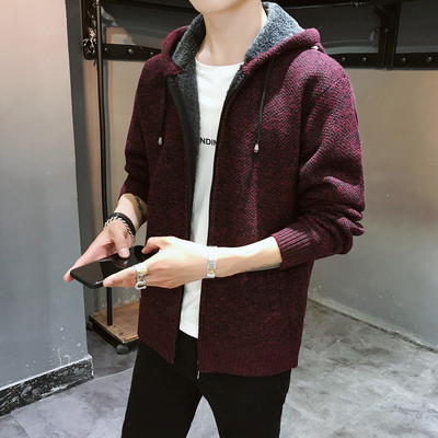 Férfi gyapjú kardigán cipzárral és kapucnival