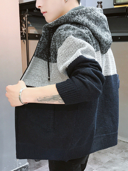 Férfi gyapjú kardigán cipzárral és kapucnival