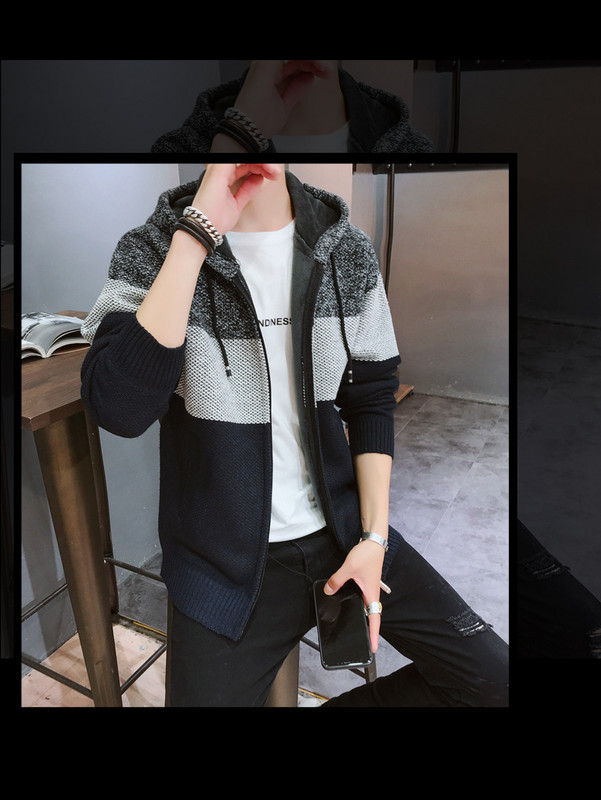 Férfi gyapjú kardigán cipzárral és kapucnival