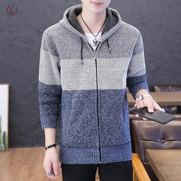 Férfi kötött kardigán cipzárral és kapucnival