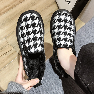 Casual γυναικεία καρό παπούτσια με γούνα και επίπεδη σόλα