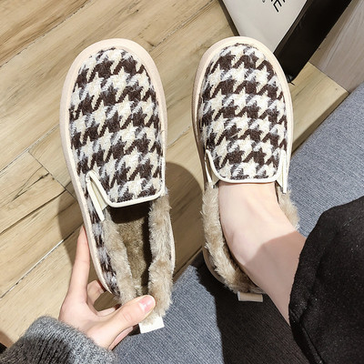 Casual γυναικεία καρό παπούτσια με γούνα και επίπεδη σόλα