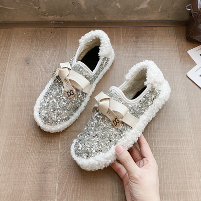 Pantofi moderni de dama cu efect stralucitor si panglica