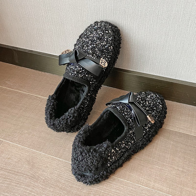 Pantofi moderni de dama cu efect stralucitor si panglica