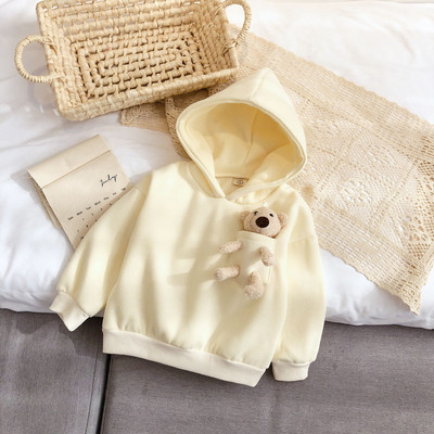 Új modellű gyerek pulóver lányoknak kapucnival és 3D dekorációval, világos színben