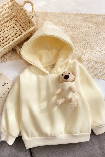 Új modellű gyerek pulóver lányoknak kapucnival és 3D dekorációval, világos színben