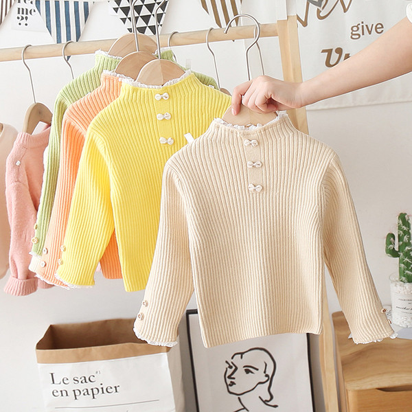 Alkalmi gyerekpulóver lányoknak, szalaggal és magas gallérral