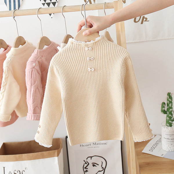 Alkalmi gyerekpulóver lányoknak, szalaggal és magas gallérral