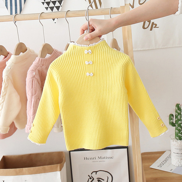 Alkalmi gyerekpulóver lányoknak, szalaggal és magas gallérral