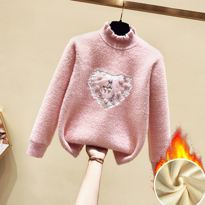 Modern gyerekpulóver lányoknak magas gallérral és rátéttel