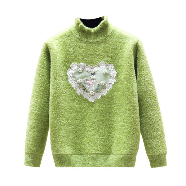 Modern gyerekpulóver lányoknak magas gallérral és rátéttel