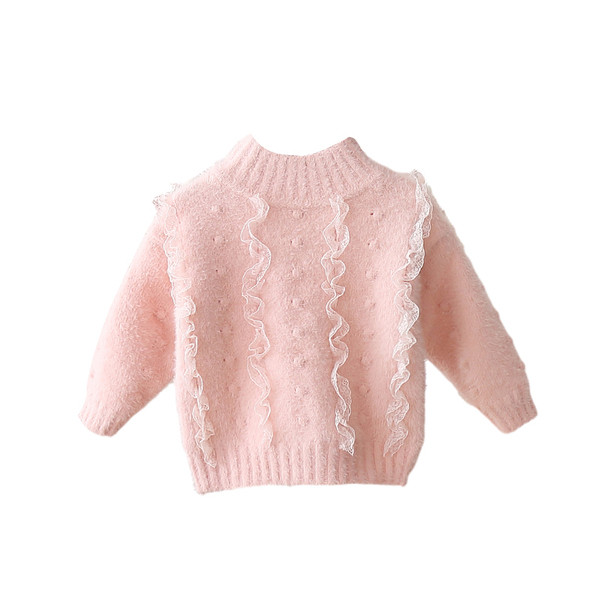 Modern gyerekpulóver lányoknak magas gallérral és tülllel