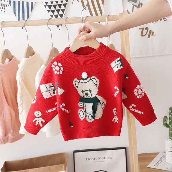 Pulover copii tricotat pentru fete cu motive de Craciun si decolteu oval