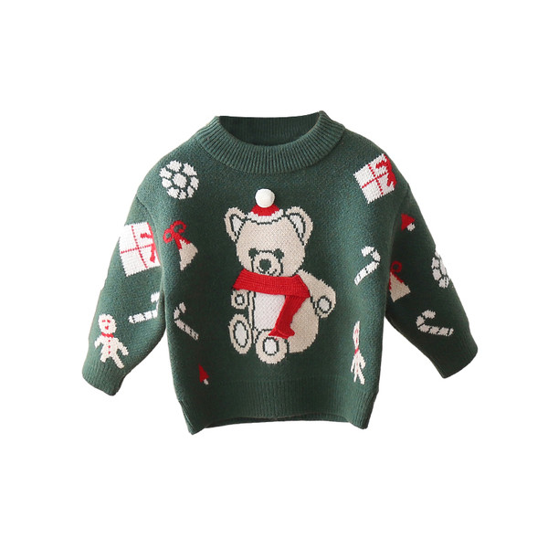 Pulover copii tricotat pentru fete cu motive de Craciun si decolteu oval