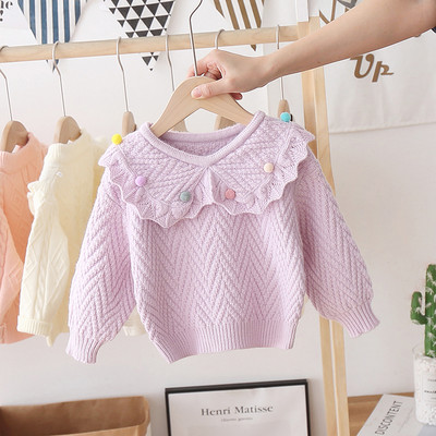 Alkalmi gyerek pulóver pomponokkal és ovális nyakkivágással, lányoknak