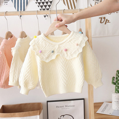 Alkalmi gyerek pulóver pomponokkal és ovális nyakkivágással, lányoknak