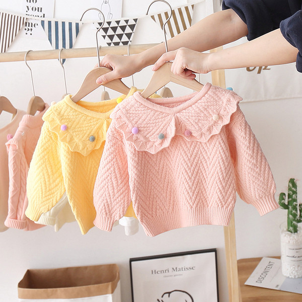 Alkalmi gyerek pulóver pomponokkal és ovális nyakkivágással, lányoknak