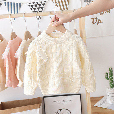 Gyermek téli pulóver szalaggal és ovális nyakkivágással, alkalmas lányoknak