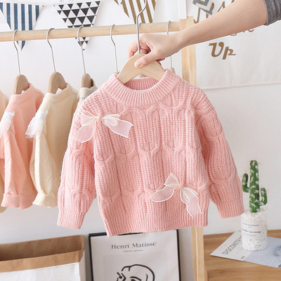 Gyermek téli pulóver szalaggal és ovális nyakkivágással, alkalmas lányoknak