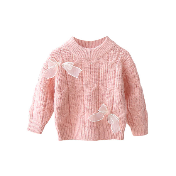 Gyermek téli pulóver szalaggal és ovális nyakkivágással, alkalmas lányoknak