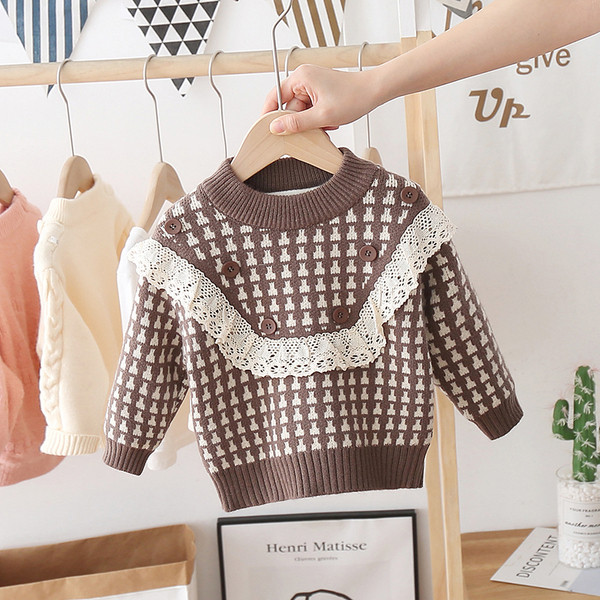 Modern gyerek pulóver lányoknak ovális nyakkivágással és csipkével