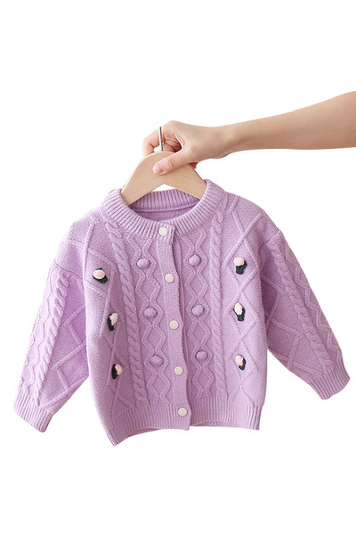 Kötött gyerekmellény lányoknak ovális nyakkivágással, 3D elemekkel