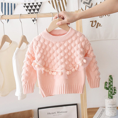 Παιδικό μοντέρνο πουλόβερ με οβάλ ντεκολτέ και φούντες