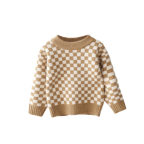 Παιδικό μοντέρνο πουλόβερ με οβάλ λαιμόκοψη σε μαύρο και καφέ