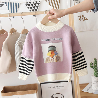 Alkalmi gyerekpulóver ovális nyakkivágással és virágmintával