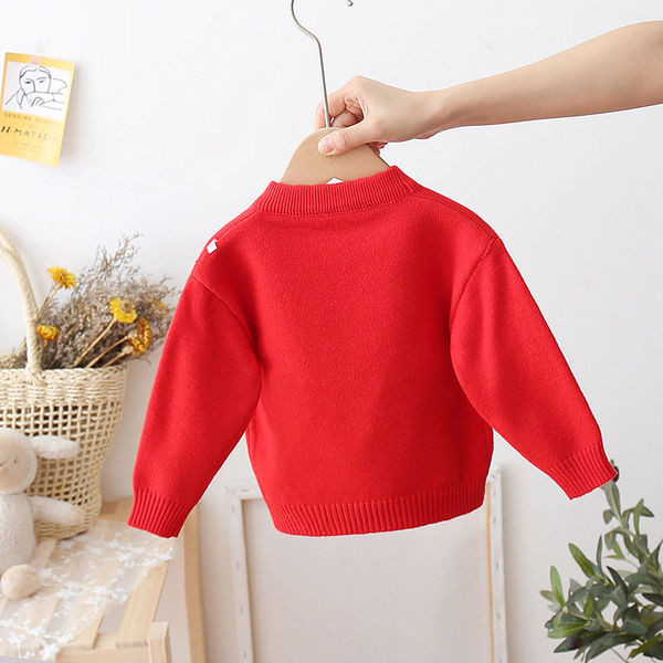 Alkalmi gyerekpulóver piros színben, színes rátéttel