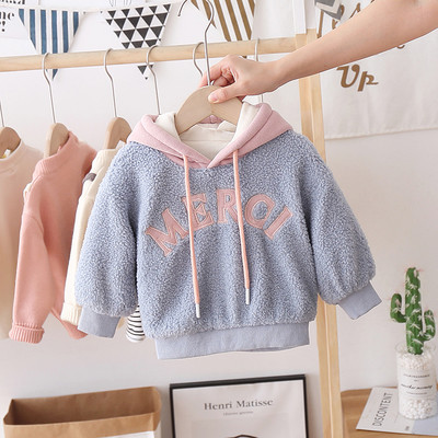 Βελούδινη παιδική μπλούζα για κορίτσια με κουκούλα και επιγραφή