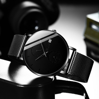 Водоустойчив мъжки ръчен часовник в черен цвят - кръгла форма 