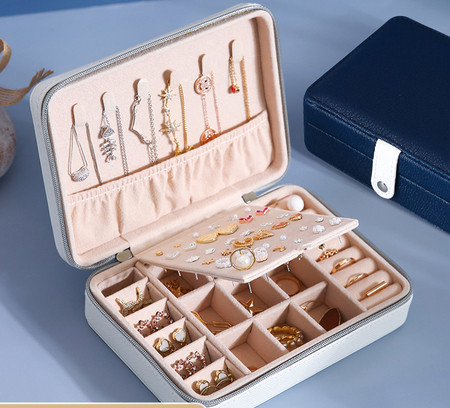 Jewelry box with zipper or magnetic button with many compartments