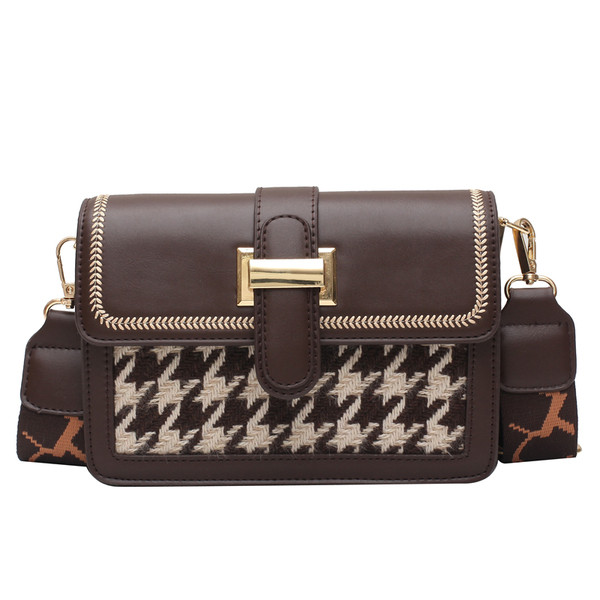 Стилна дамска карирана чанта с дръжка от текстил в четири цвята