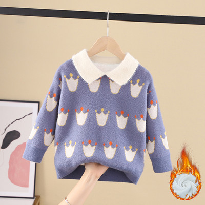 Модерен детски пуловер за момичета с овално деколте и различни десени