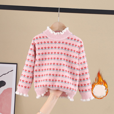 Модерен детски пуловер за момичета с овално деколте и различни десени