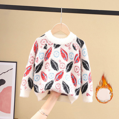 Модерен детски пуловер за момичета с овално деколте и различни десени