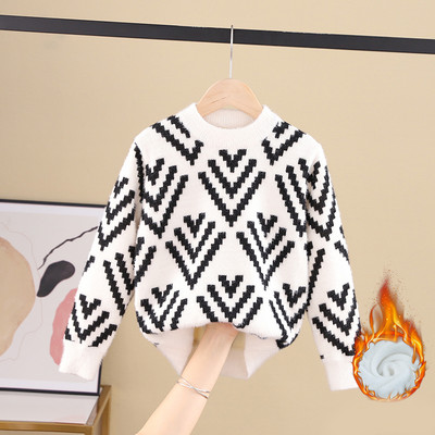 Модерен детски пуловер за момичета с овално деколте и различни десени