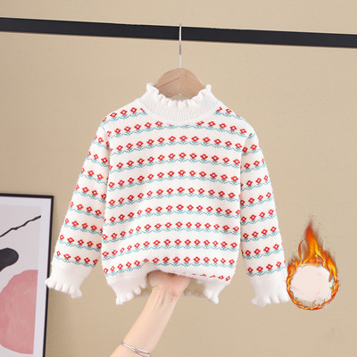 Модерен детски пуловер за момичета с овално деколте и различни десени