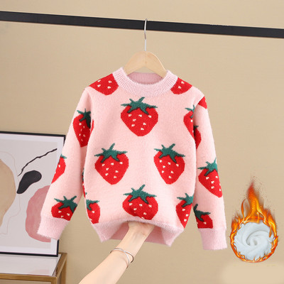 Модерен детски пуловер за момичета с овално деколте и различни десени